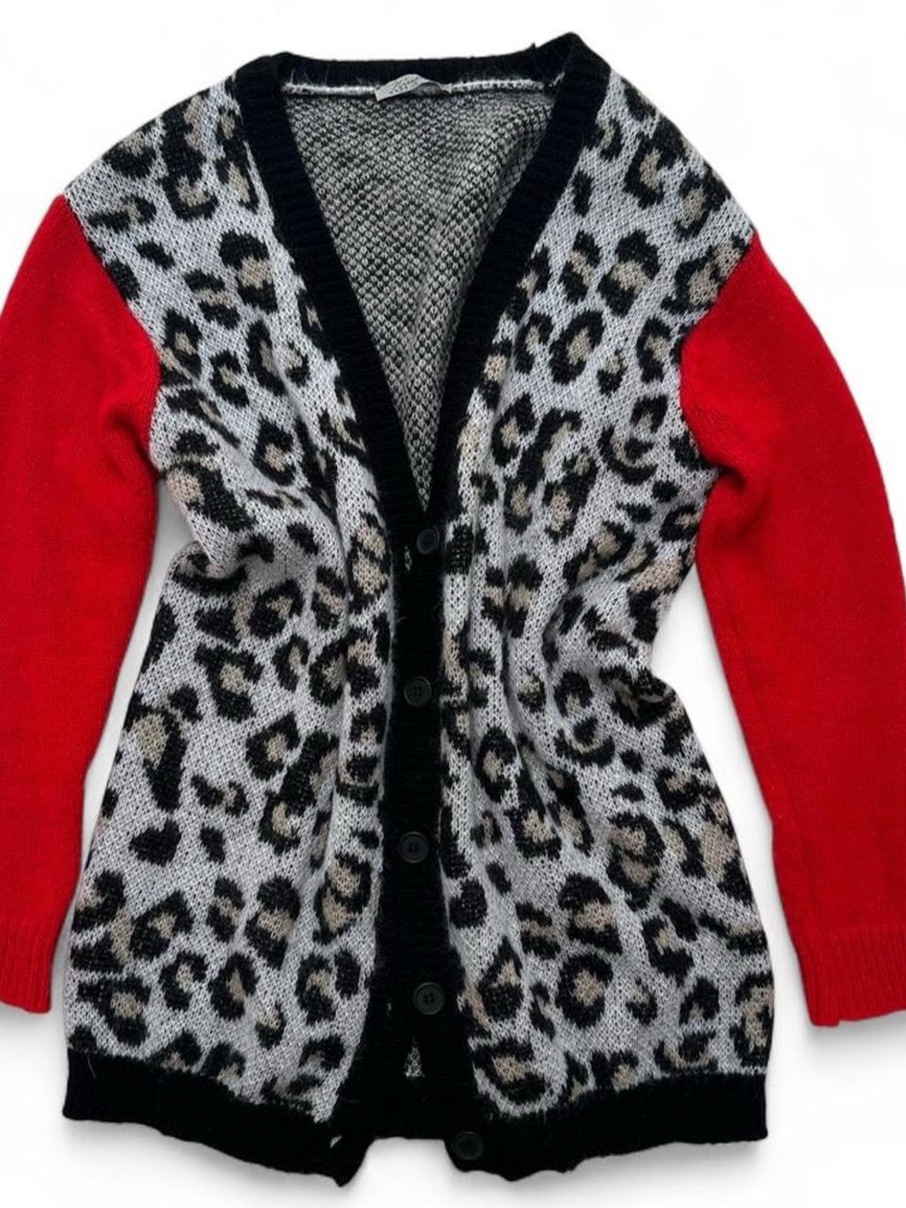 Italian Leopard Print Button-Front Cardigan Sweater with Red Sleeves